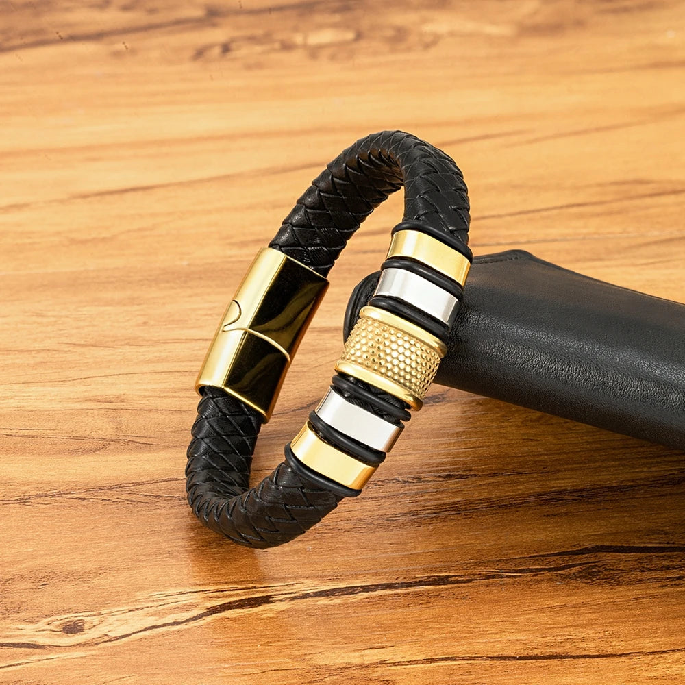 FBA Men's Stainless Steel Beaded Leather Rope Bracelet | Charm Jewelry Gift