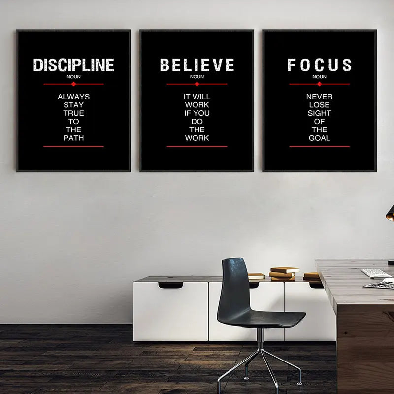 Black Inspirational Quote Canvas Print | Discipline Believe Focus Motivational Wall Art for Home Decor