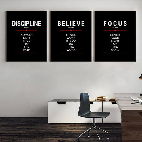 Black Inspirational Quote Canvas Print | Discipline Believe Focus Motivational Wall Art for Home Decor