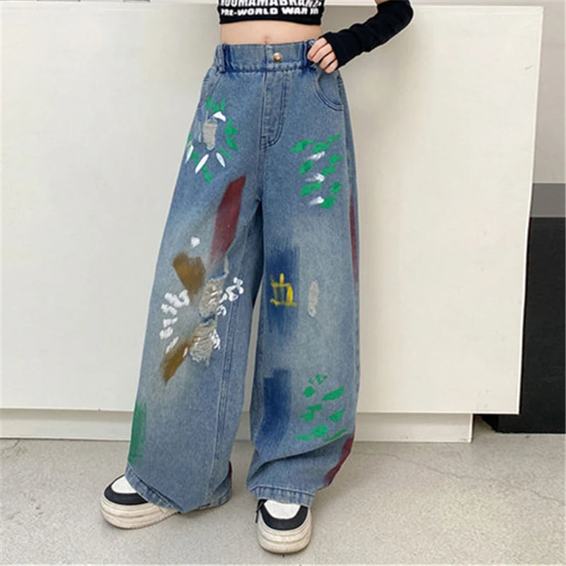 Kids' Hip Hop Graffiti Washed Blue Jeans – Girls & Boys Casual Straight Leg Denim Pants | Blue | Ages 5–14 | FBA Vibes