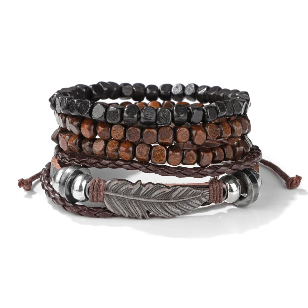 FBA Black Skull Beaded Leather Bracelet for Men | Buddhist Punk Jewelry