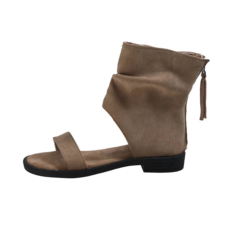 Women's Flat Gladiator Sandal — Open Toe, Buckle Strap, Zip