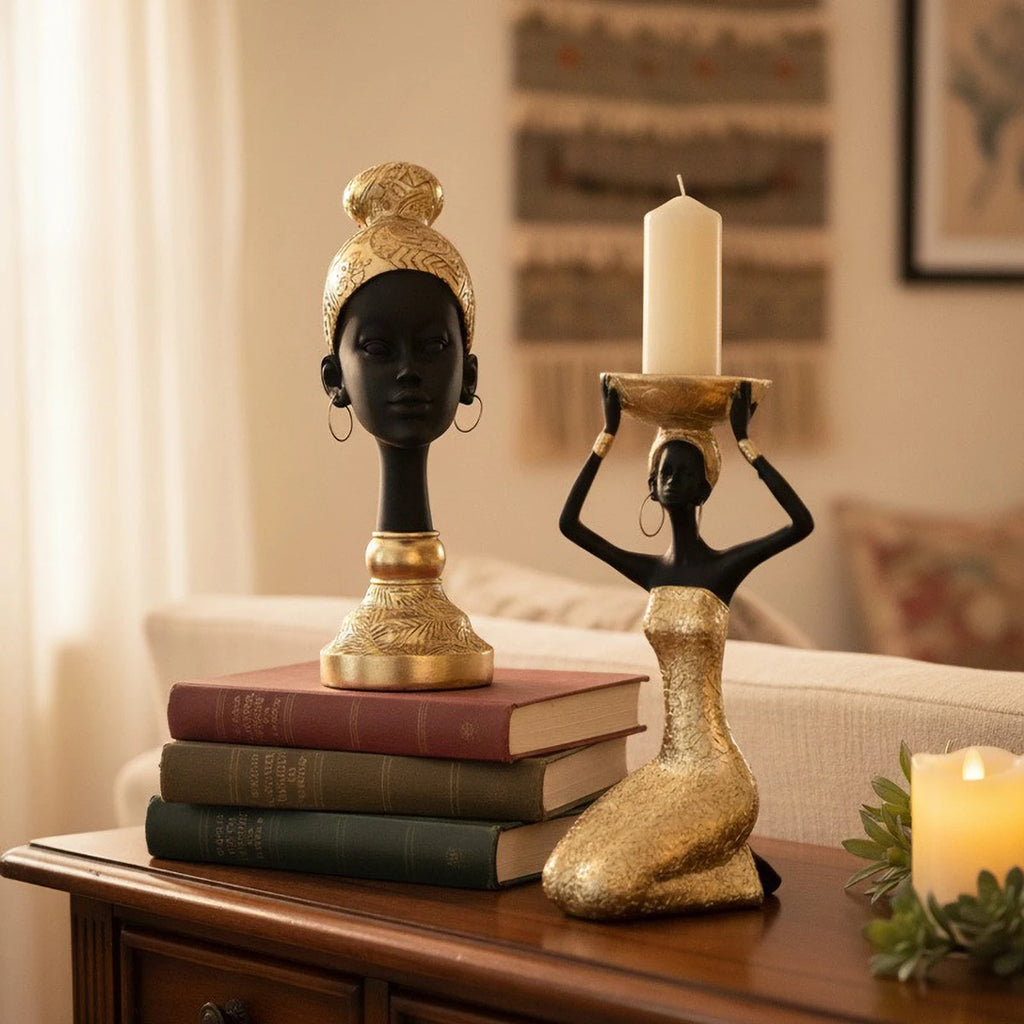 African-Style Resin Sculpture | Black & Gold Candle Holder & Decorative Accent