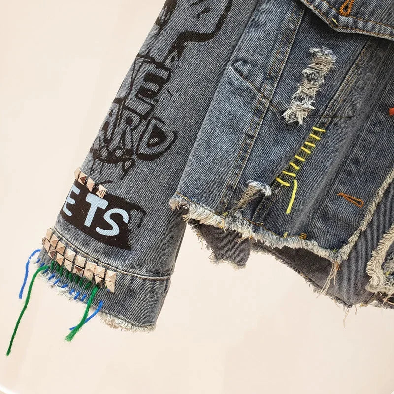Women's Graffiti Frayed Raw Cut Denim Jacket – Short Rivet Fringe Jean Coat | Blue | S–XL | FBA Vibes