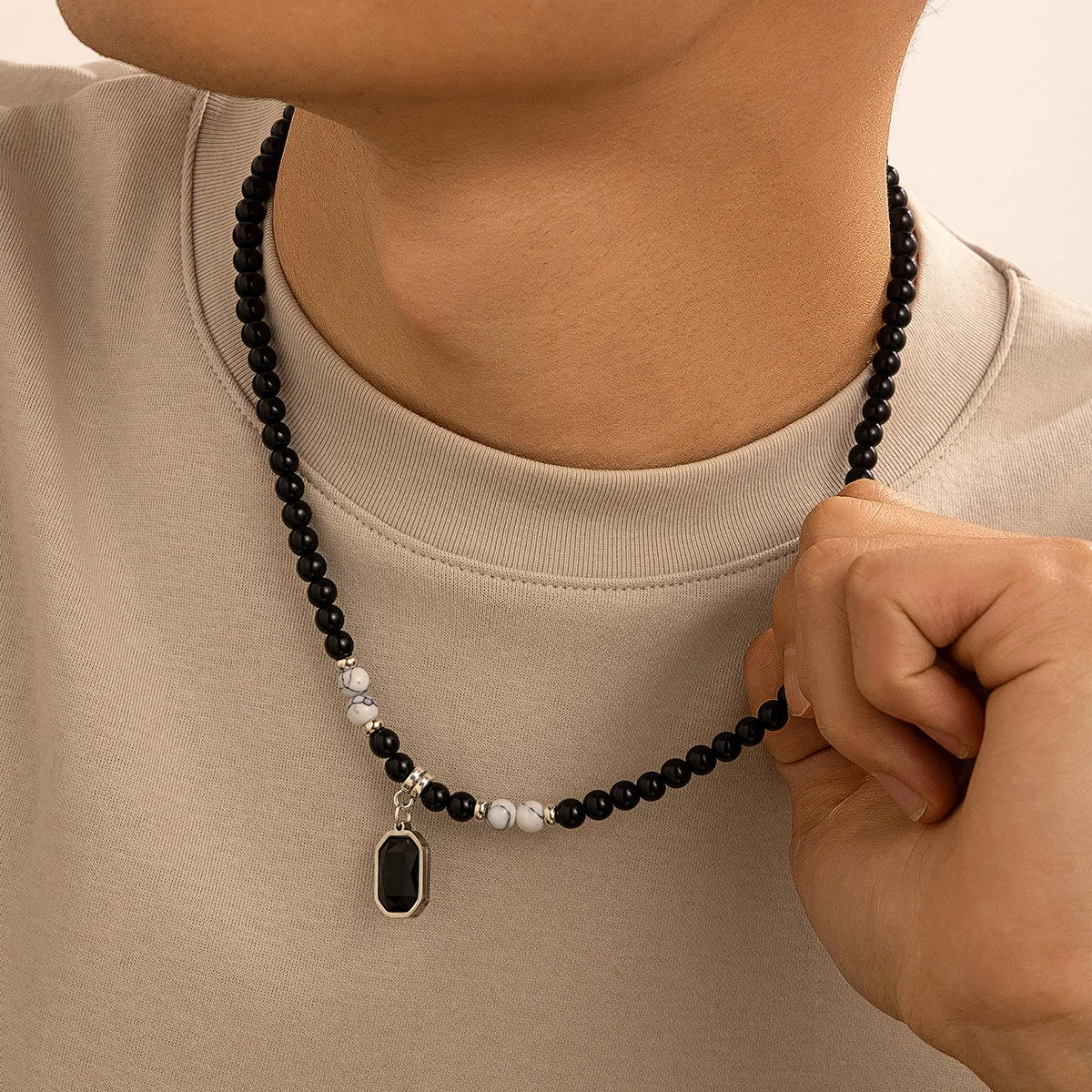 FBA Black Beads Square Pendant Necklace for Men | Fashion Jewelry