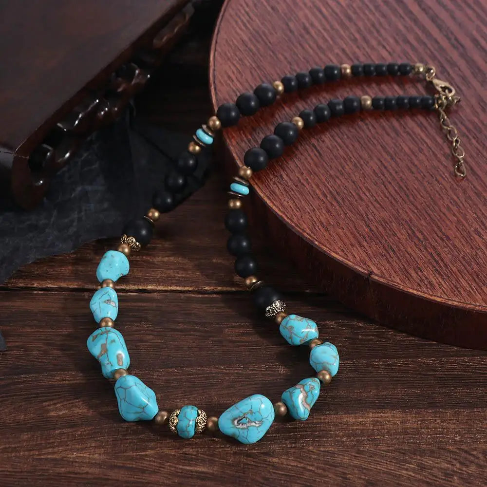 FBA Ethnic Turquoise Black Beaded Necklace for Men | Western Style Jewelry
