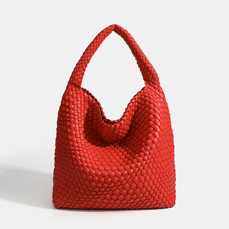 Hand-Knitted PU Woven Tote Bag for Women – Large Luxury Criss-Cross Shoulder Bag