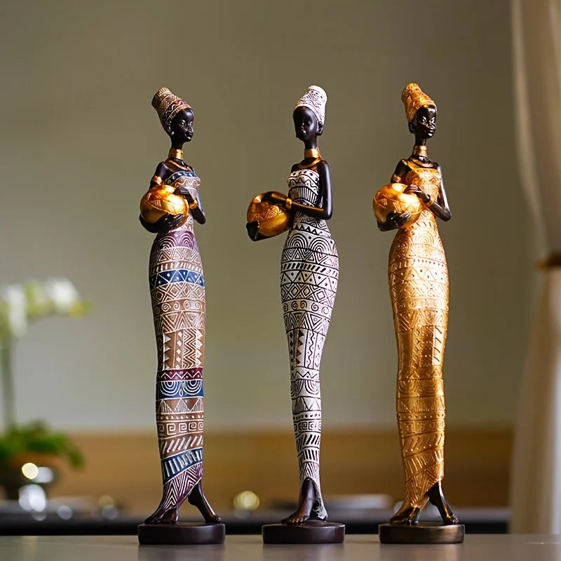 Retro African Women Holding Pottery Pot Resin Figurine | Painted Statue for Home, Bedroom & Desktop Decor