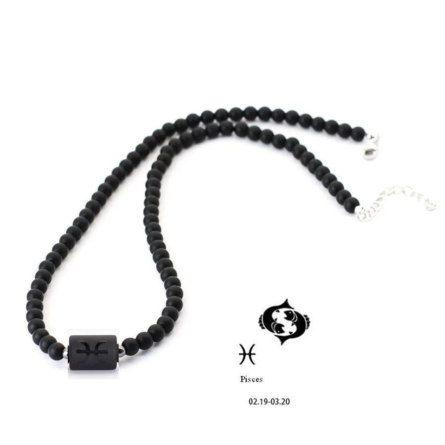 FBA 12 Constellations Black Onyx Beaded Necklace | Men's Jewelry
