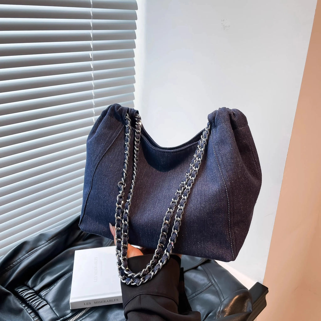 Denim Chain Shoulder Bag for Women – Large Capacity Korean Fashion Crossbody Tote