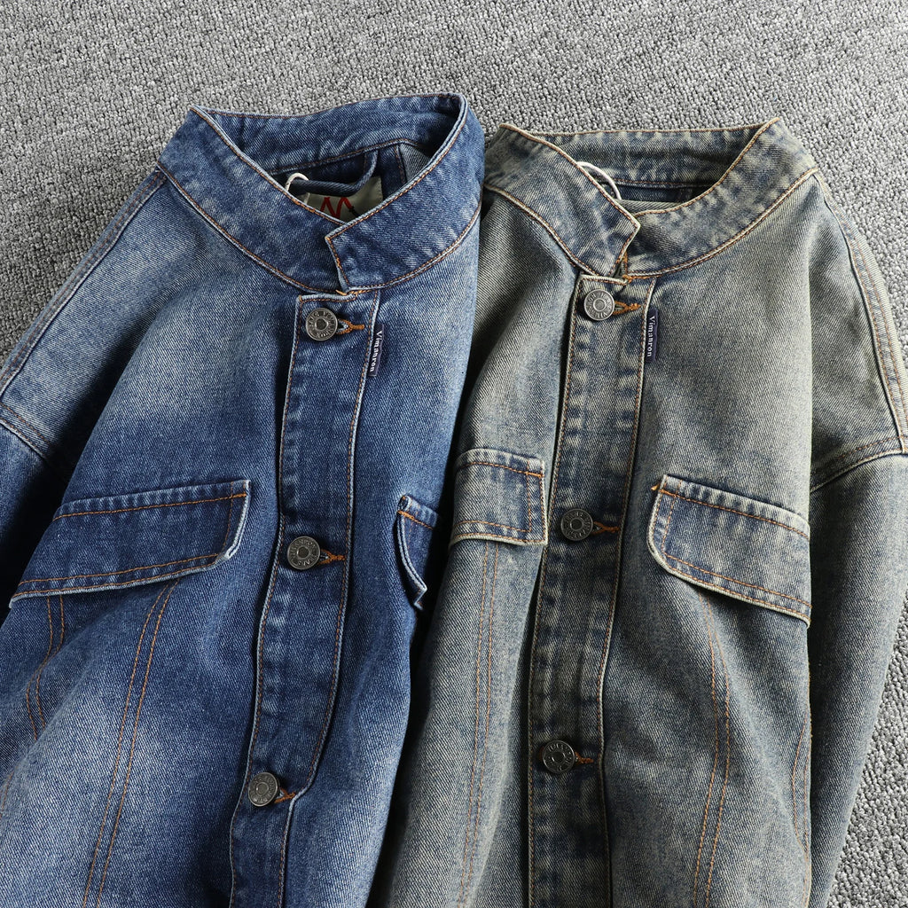 Men's American Retro Motorcycle Denim Jacket – Nostalgic Wash Stand Collar Short Coat | Denim Blue & Nostalgia Blue | L–XXXL | FBA Vibes