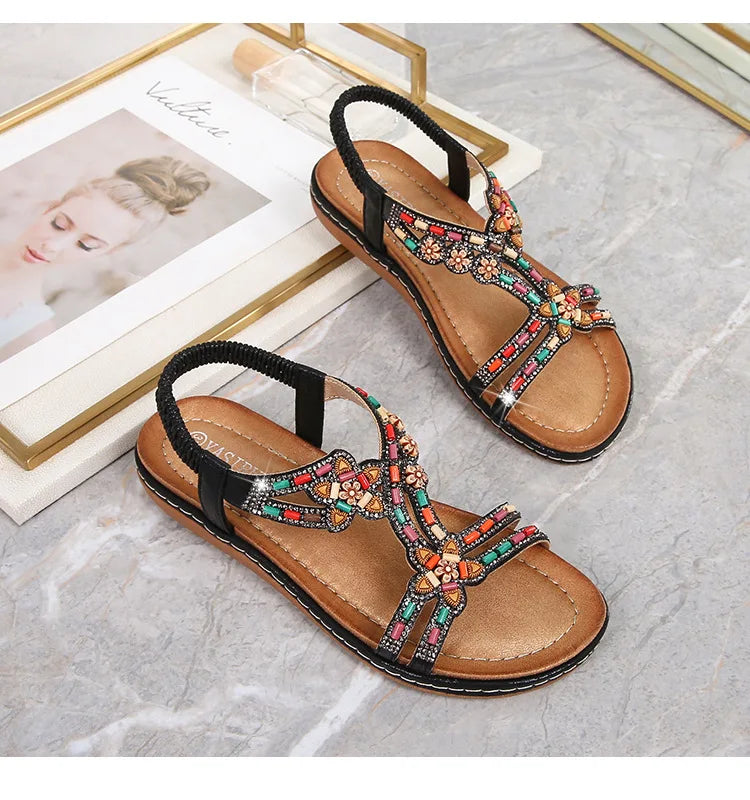FBA Women's Rhinestone Bohemian Hollow Flat Sandals | Summer Casual Shoes