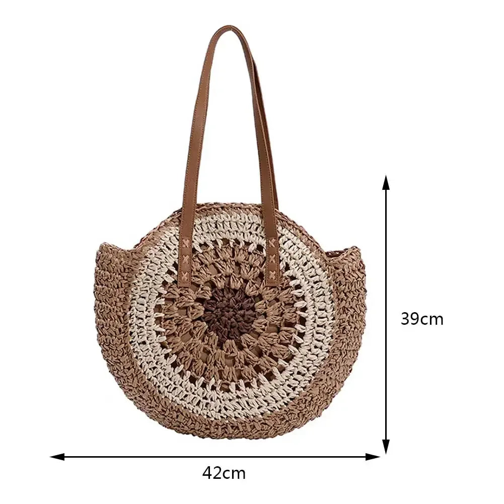 Women's Round Straw Woven Tote Bag – Large Capacity Ethnic Style Vacation Shoulder Handbag