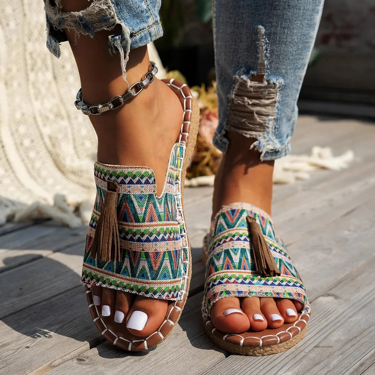 FBA Women's Bohemian Tassel Beach Slippers | Plus Size Flat Sandals