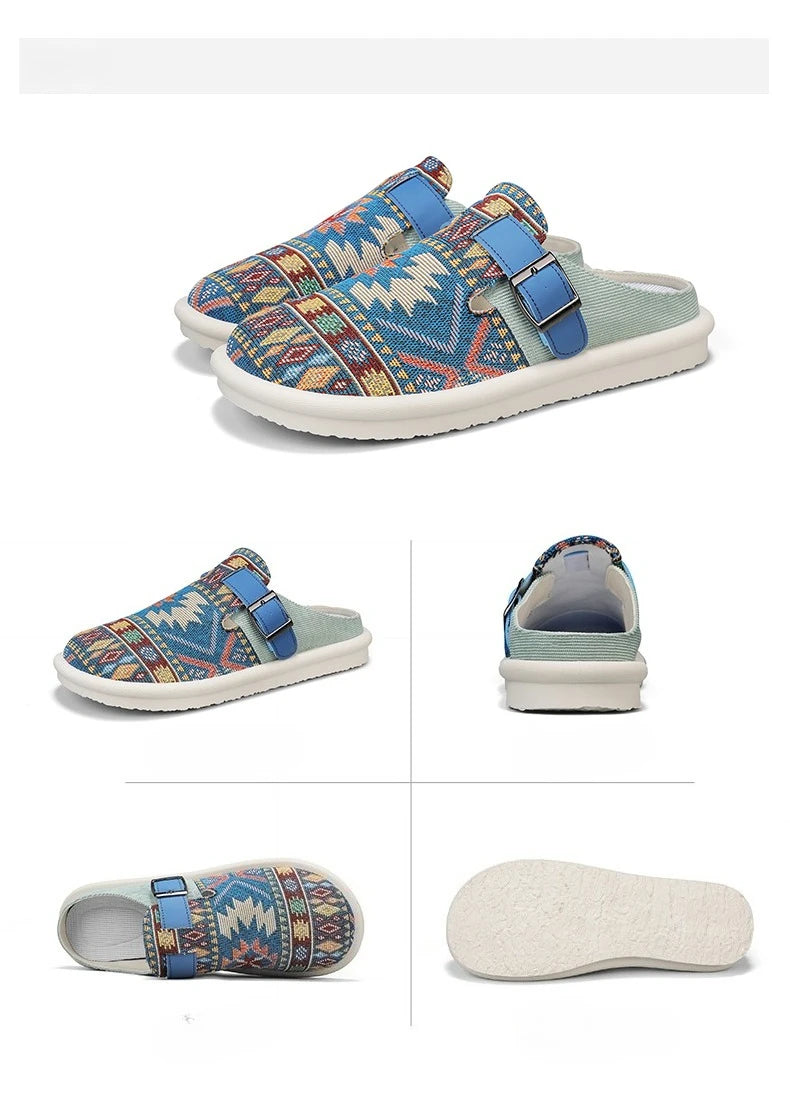 FBA Women's Ethnic Embroidered Linen Slippers | Handmade Comfort Sandals