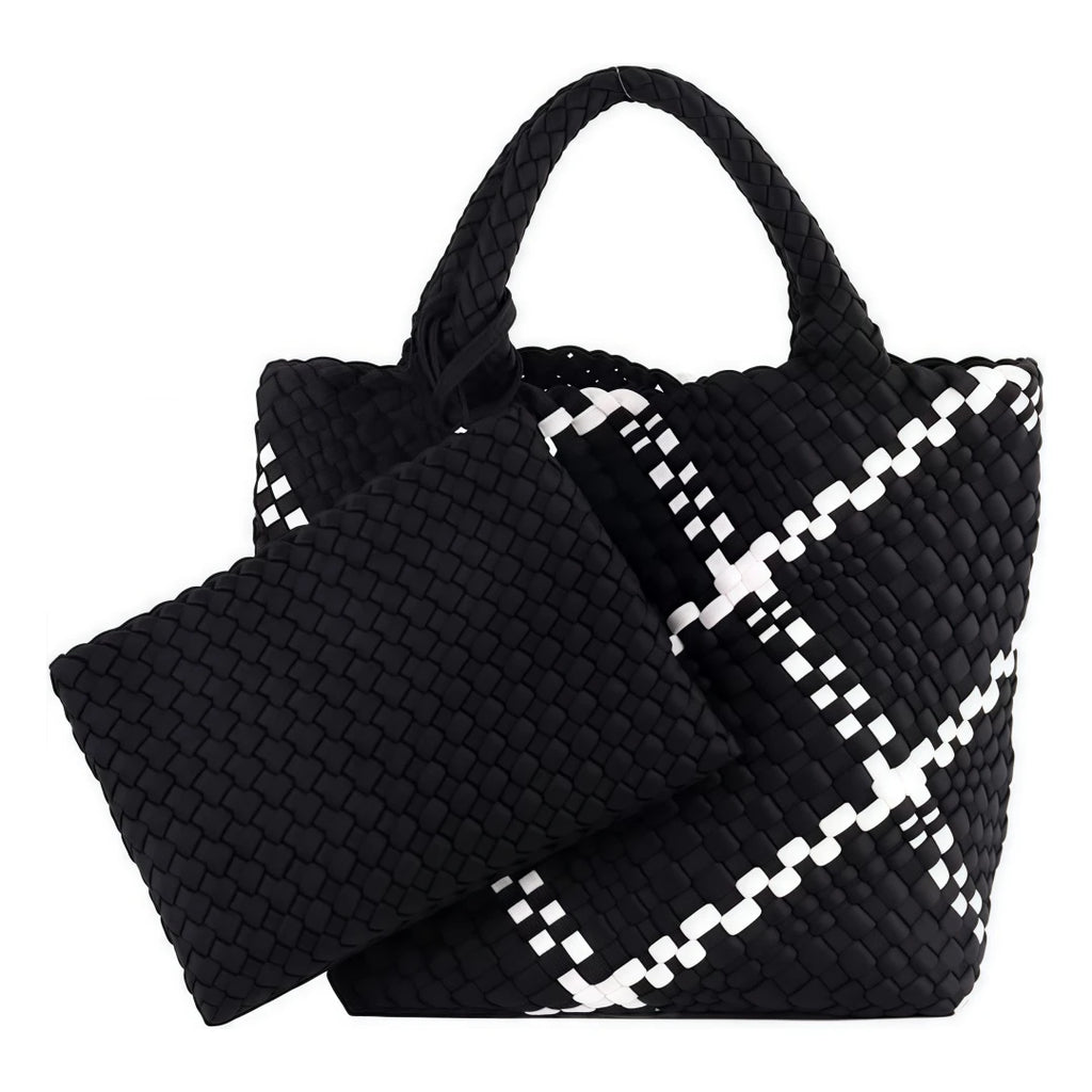 Neoprene Woven Tote Bag for Women – Waterproof Extra Large Beach Handbag & Retro Travel Shoulder Bag Set with Zipper Purse