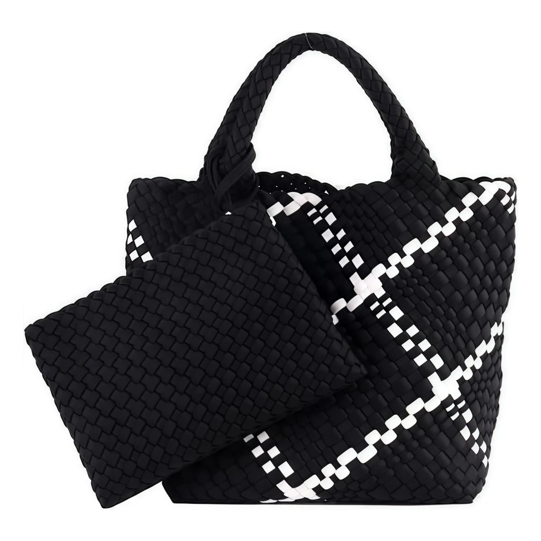 Neoprene Woven Tote Bag for Women – Waterproof Extra Large Beach Handbag & Retro Travel Shoulder Bag Set with Zipper Purse