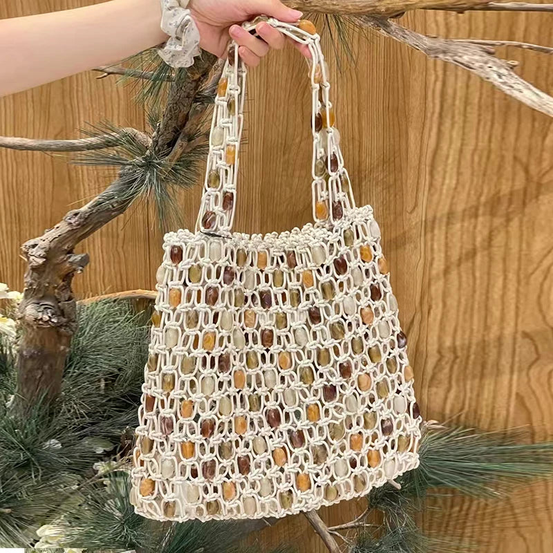 Handmade Woven Beaded Lattice Bag with Wooden Handle – Openwork Shoulder Tote