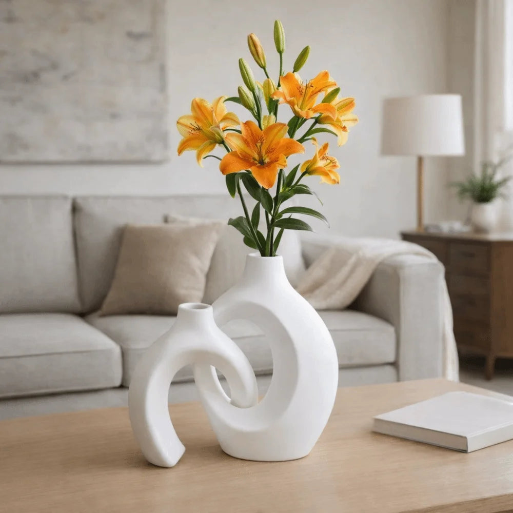 Minimalist Imitation Ceramic Vase Set | Nordic Hollow Plastic Vases for Living Room, Bedroom & Shelf Decor (2 Pieces)