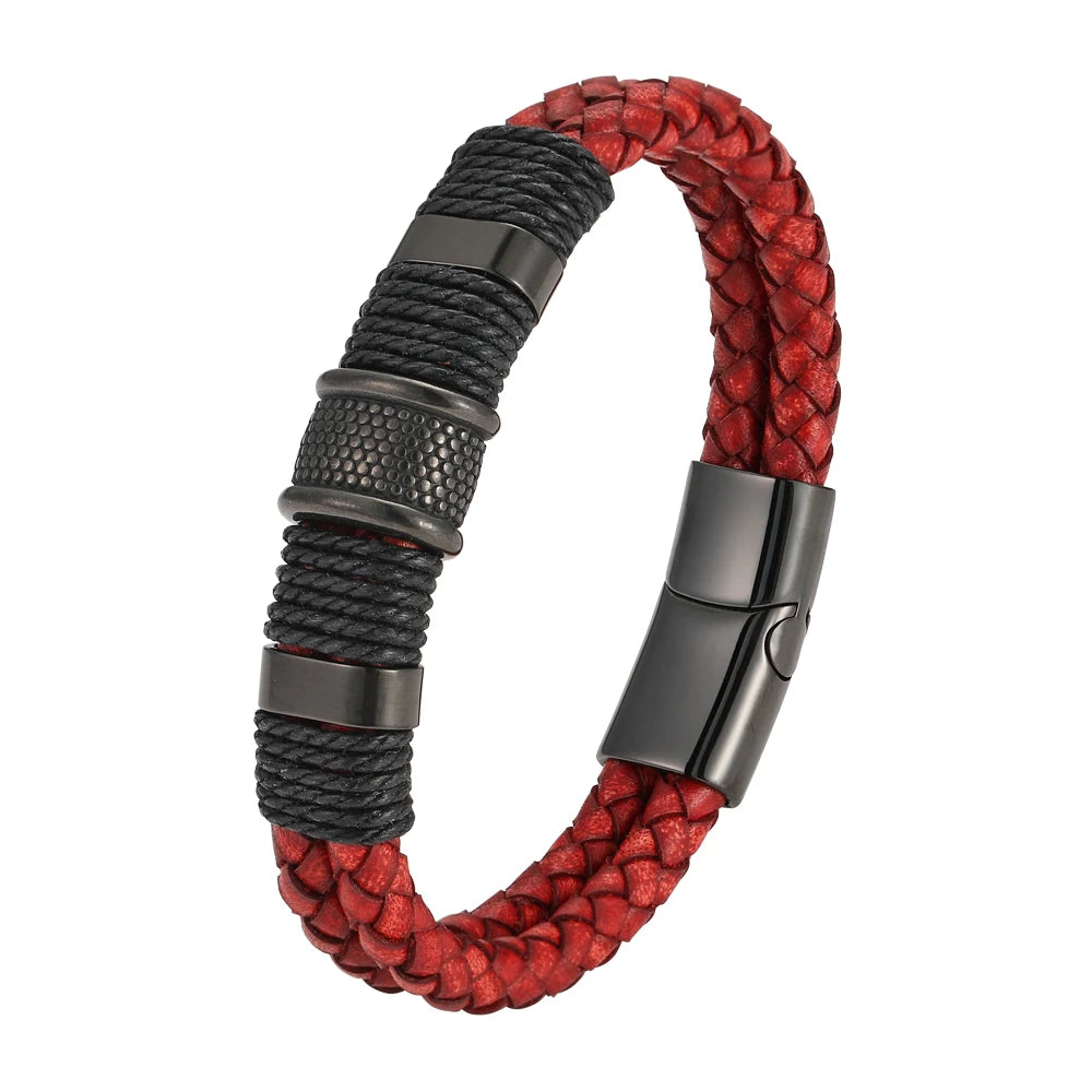 FBA Red Leather Rope Woven Bracelet for Men | Trendy Jewelry
