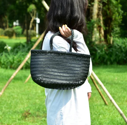 Genuine Leather Woven Basket Tote Bag for Women – Luxury Vintage Cowhide Shoulder Bag