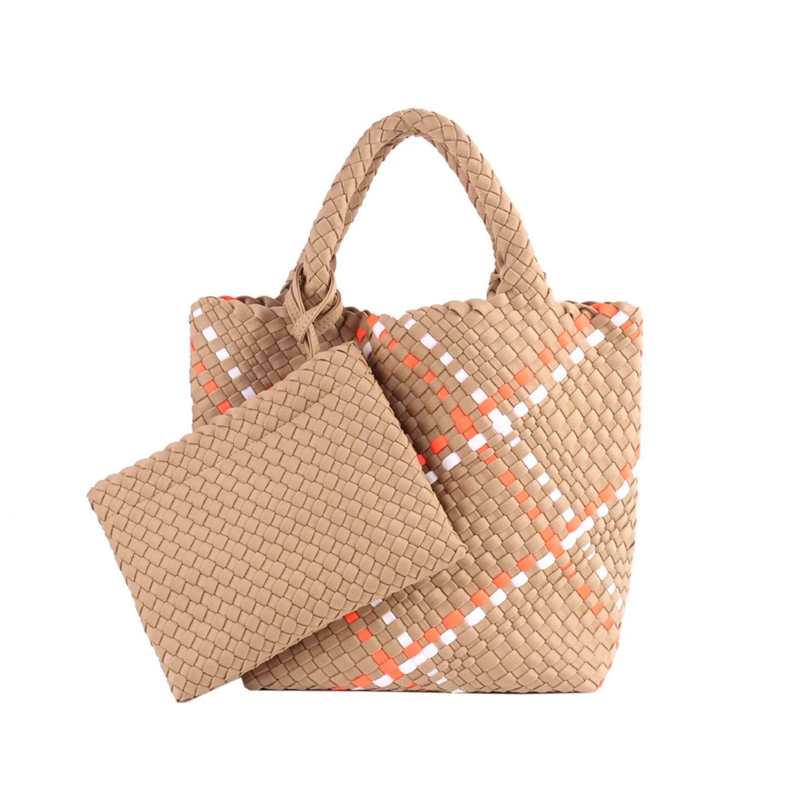 Neoprene Woven Tote Bag for Women – Waterproof Extra Large Beach Handbag & Retro Travel Shoulder Bag Set with Zipper Purse
