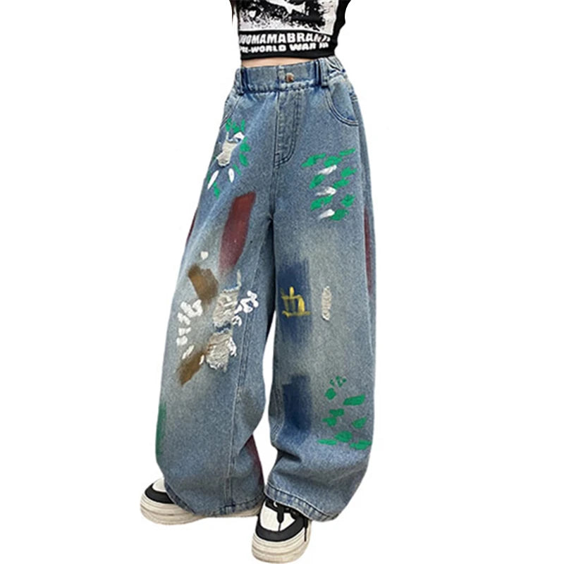 Kids' Hip Hop Graffiti Washed Blue Jeans – Girls & Boys Casual Straight Leg Denim Pants | Blue | Ages 5–14 | FBA Vibes