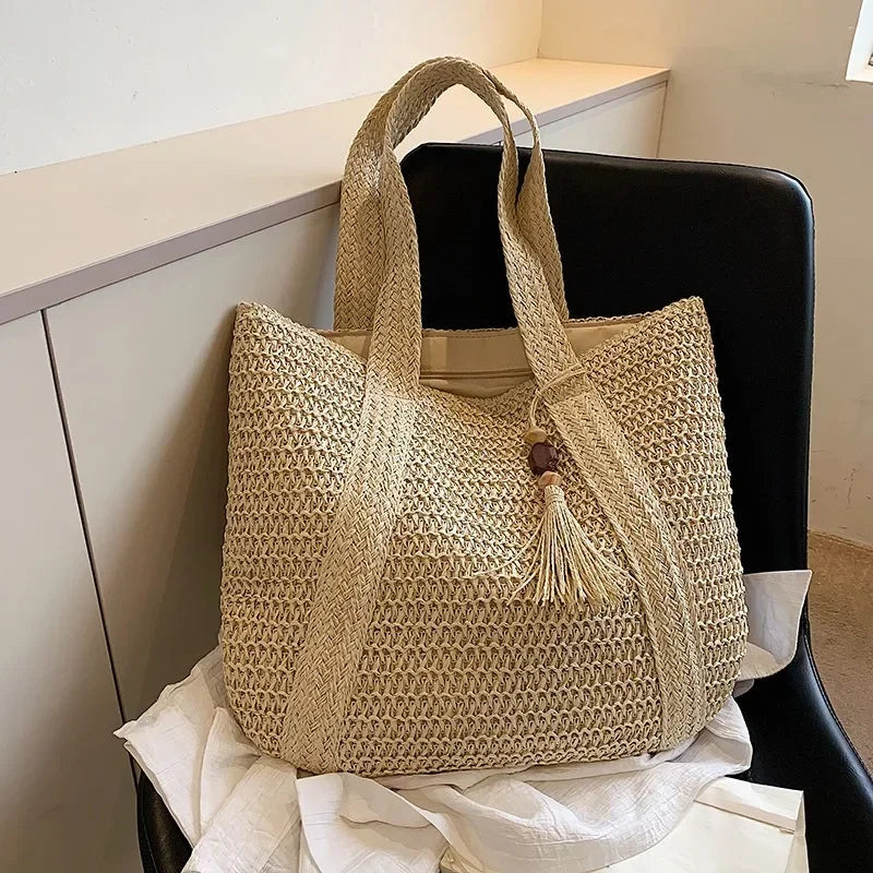 Elegant Straw Woven Tote Bag for Women – Retro Beach & Commuter Shoulder Handbag