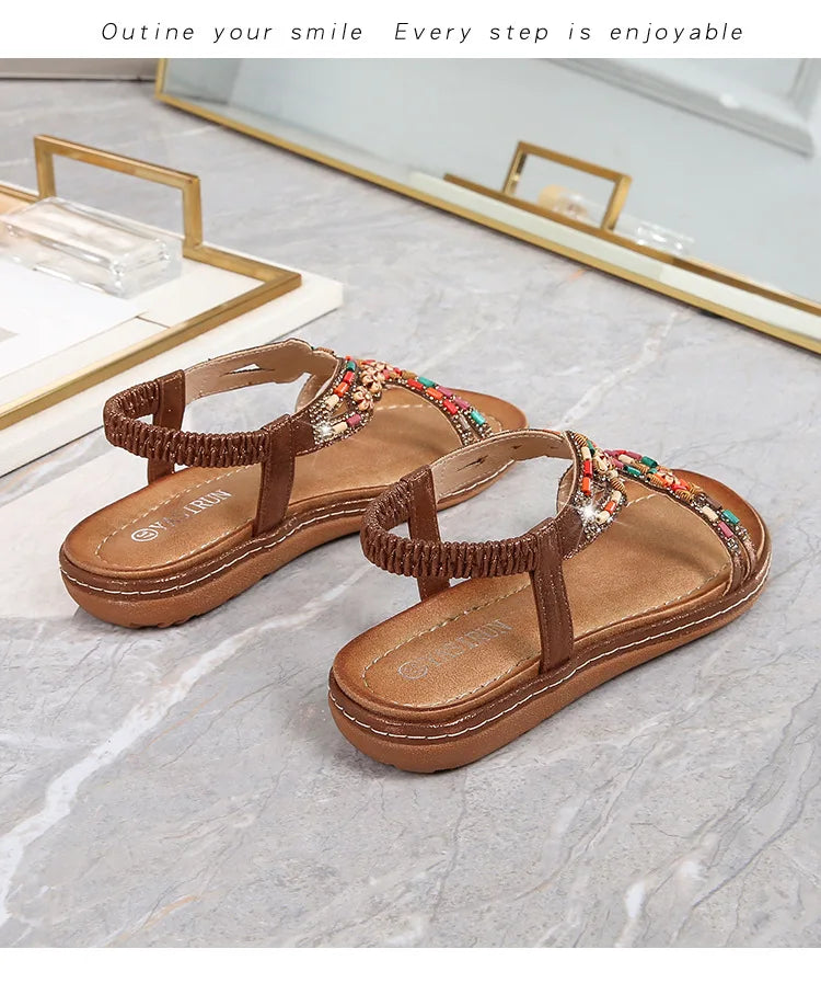 FBA Women's Rhinestone Bohemian Hollow Flat Sandals | Summer Casual Shoes