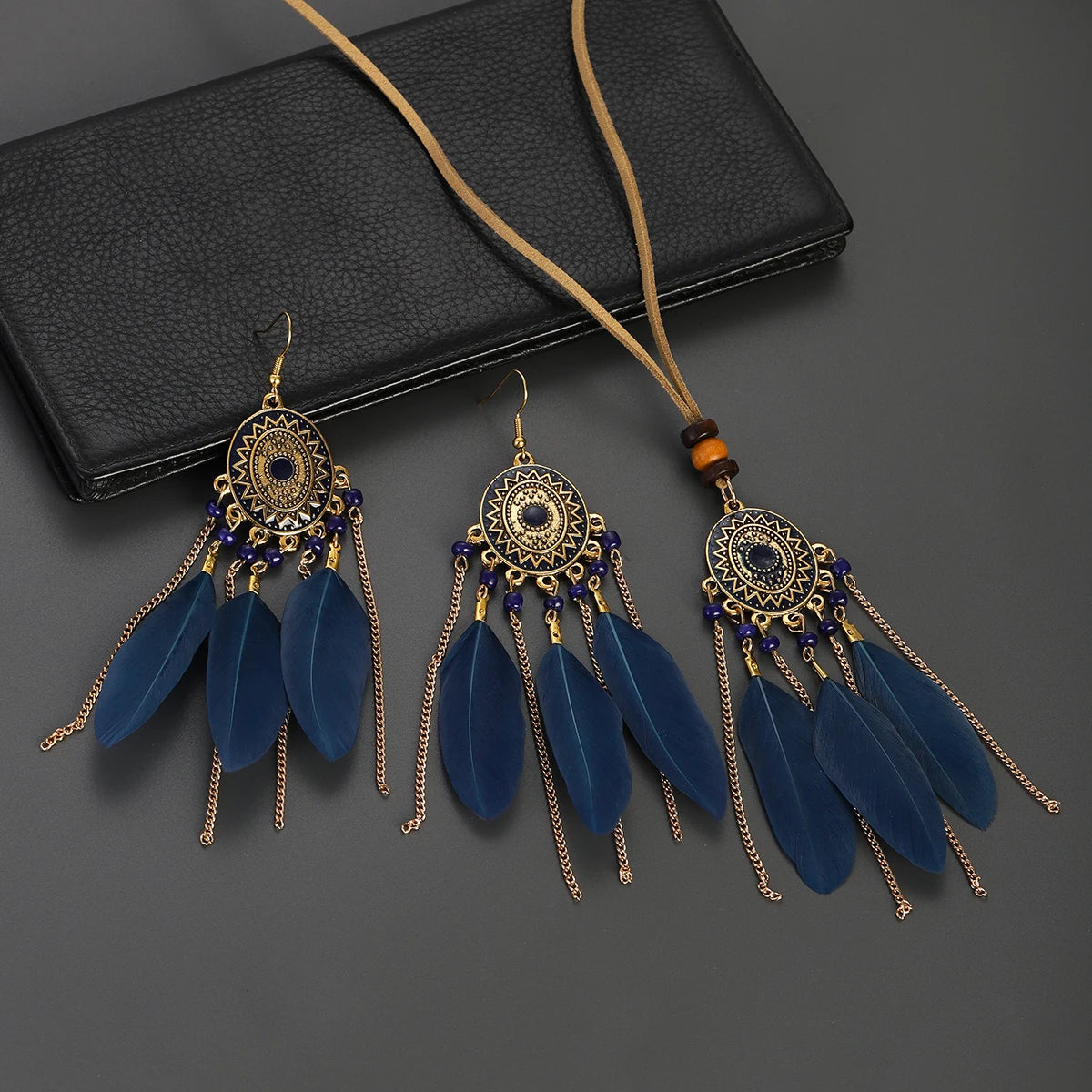 FBA Feather Necklace & Earring Set | Boho Tassel Jewelry
