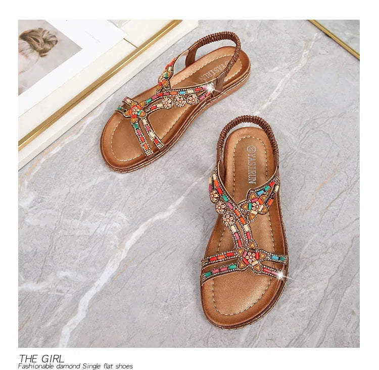 FBA Women's Rhinestone Bohemian Hollow Flat Sandals | Summer Casual Shoes