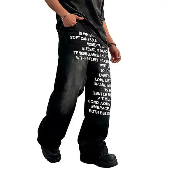 Men's Retro Hip Hop Letter Print Wide-Leg Jeans – Baggy Streetwear Loose Denim Pants | Blue & Black | S–XXL | FBA Vibes