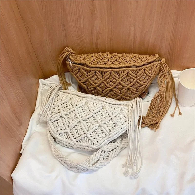 Bohemian Crochet Knitted Beach Tote & Crossbody Bag – Ethnic Style Woven Shoulder Bag for Women