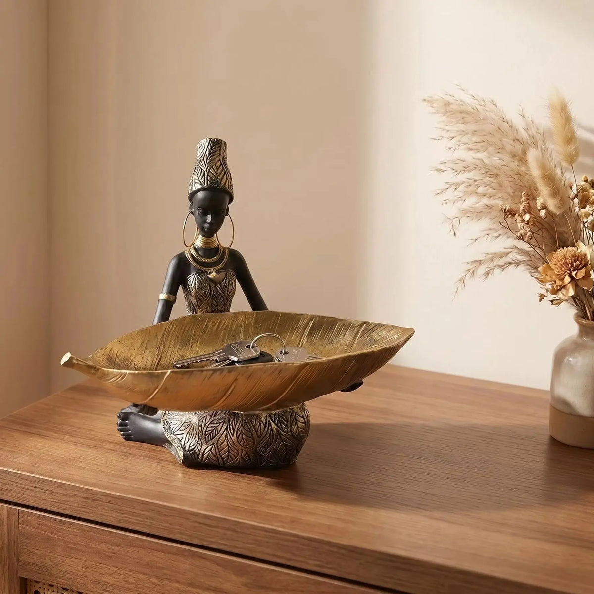 African Girl Holding a Plate Sculpture | Vintage Resin Storage Ornament for Home & Office Decor