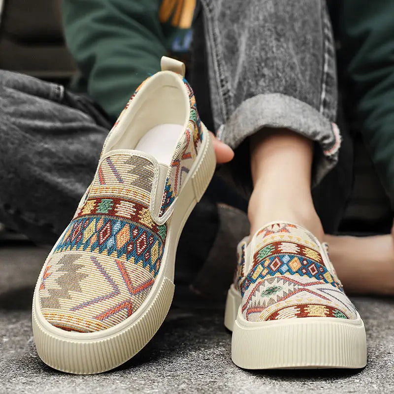 FBA Men's Canvas Printing Thick Platform Retro Sneakers | Elegant Breathable Casual Shoes