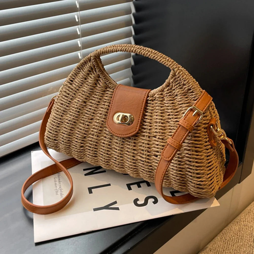 Handmade Woven Shell Crossbody Bag for Women – Casual Elegant Summer Straw Shoulder Tote