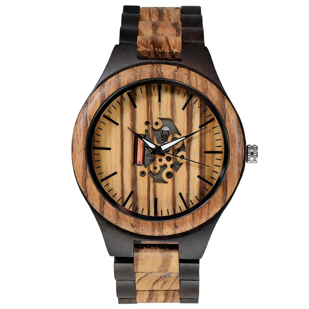 FBA Men's Zebra Wood Hollow-Out Watch | Luminous Vintage Quartz Wristwatch