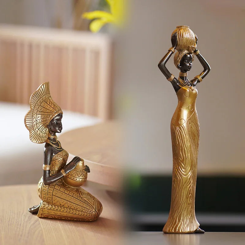 African Woman Resin Statue | Tribal Lady Figurine in Black & Gold for Living Room & Home Decor