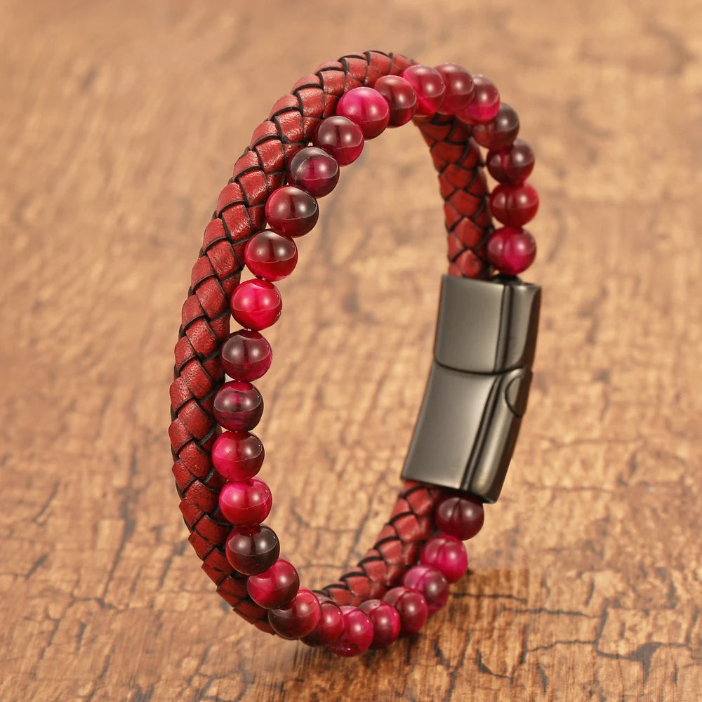 FBA Red Leather Rope Woven Bracelet for Men | Trendy Jewelry