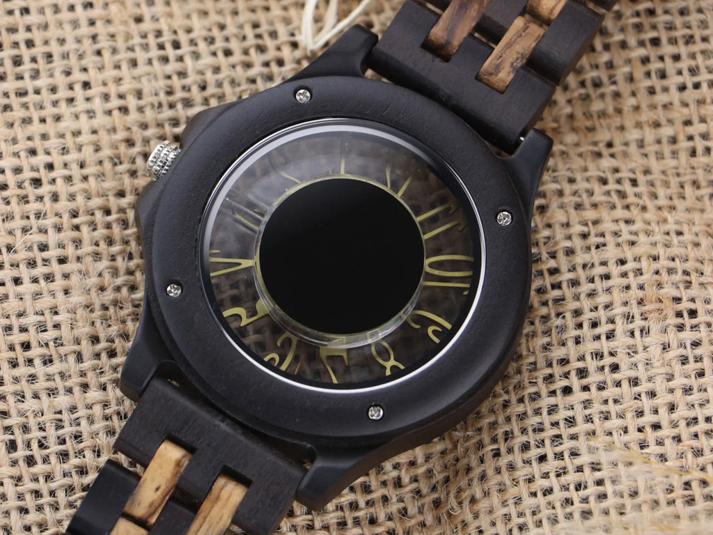 FBA Men's Natural Zebra Wood Watch | Hollow Dial Vintage Quartz Wristwatch