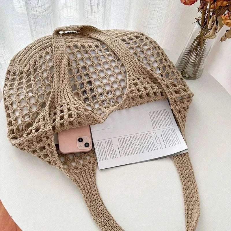 Fashion Crochet Raffia Tote Bag for Women – Boho Woven Knit Straw Beach Shoulder Bag