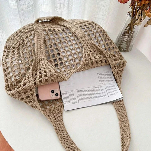 Fashion Crochet Raffia Tote Bag for Women – Boho Woven Knit Straw Beach Shoulder Bag