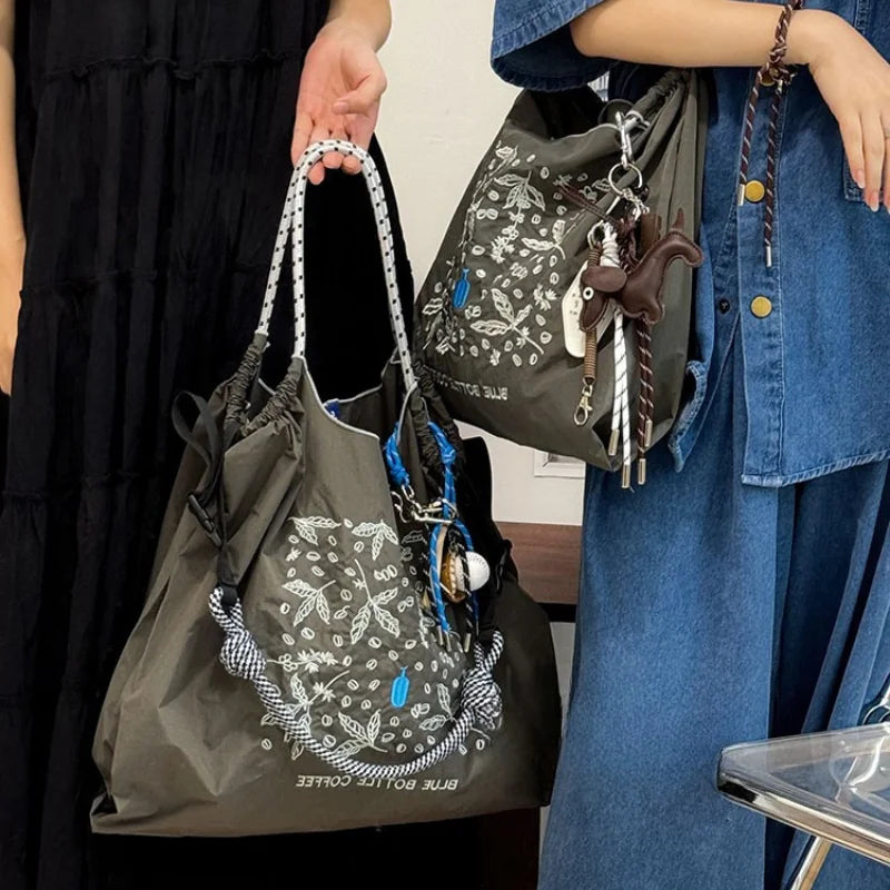 Nylon Embroidered Tote Bag – Large Capacity Lightweight Shoulder & Shopping Bag