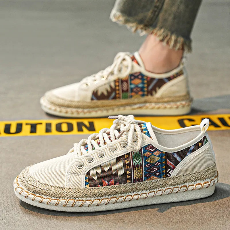FBA Men's Printed Canvas Fisherman Shoes | Lace-Up Flat Casual Shoes