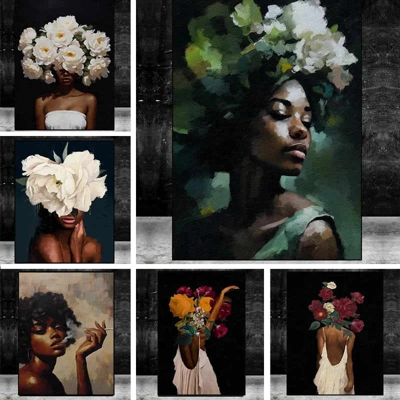 African American Woman Floral Canvas Print | Elegant Black Girl Wall Art for Living Room Home Decor