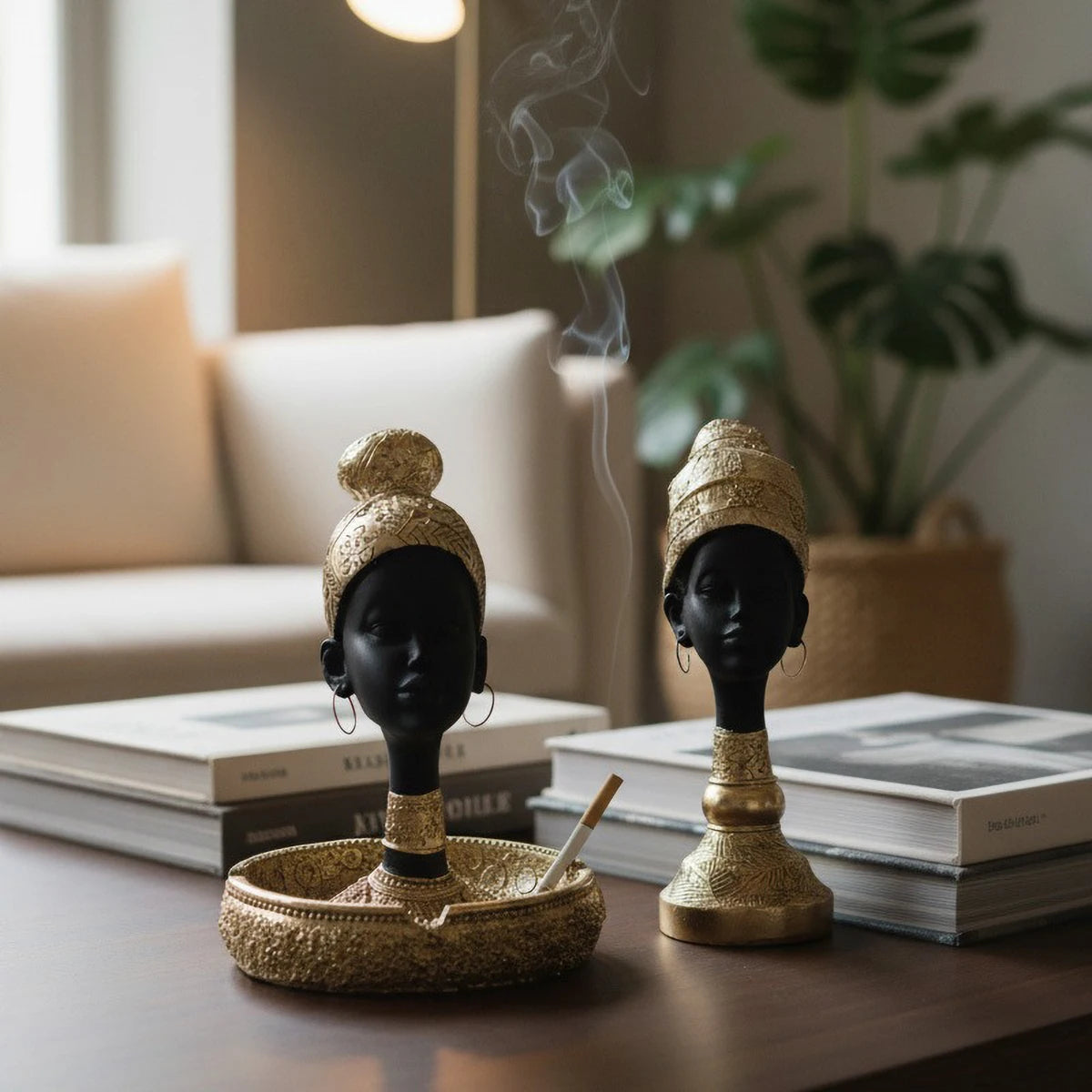 African-Style Resin Sculpture | Black & Gold Candle Holder & Decorative Accent