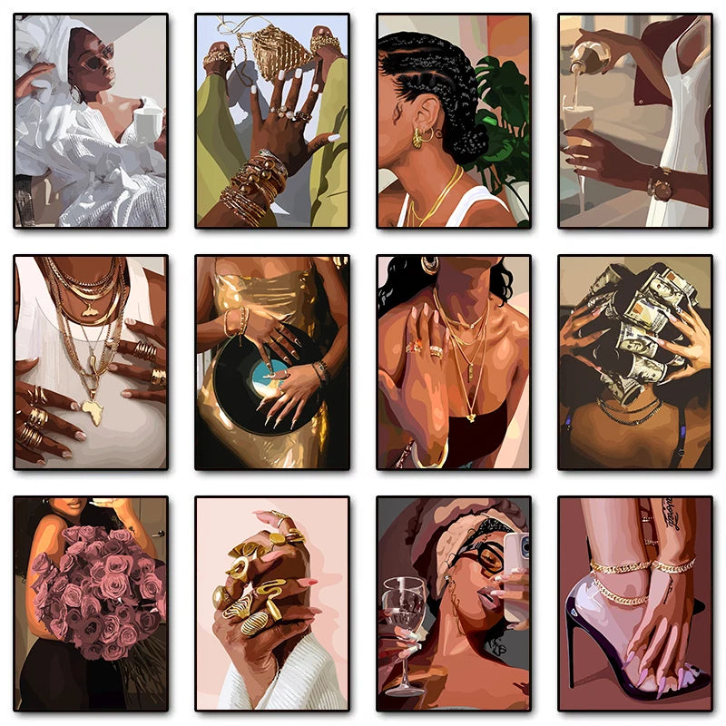 Black Woman Fashion Portrait Canvas Print | Makeup Jewelry Wall Art | FBA Vibes