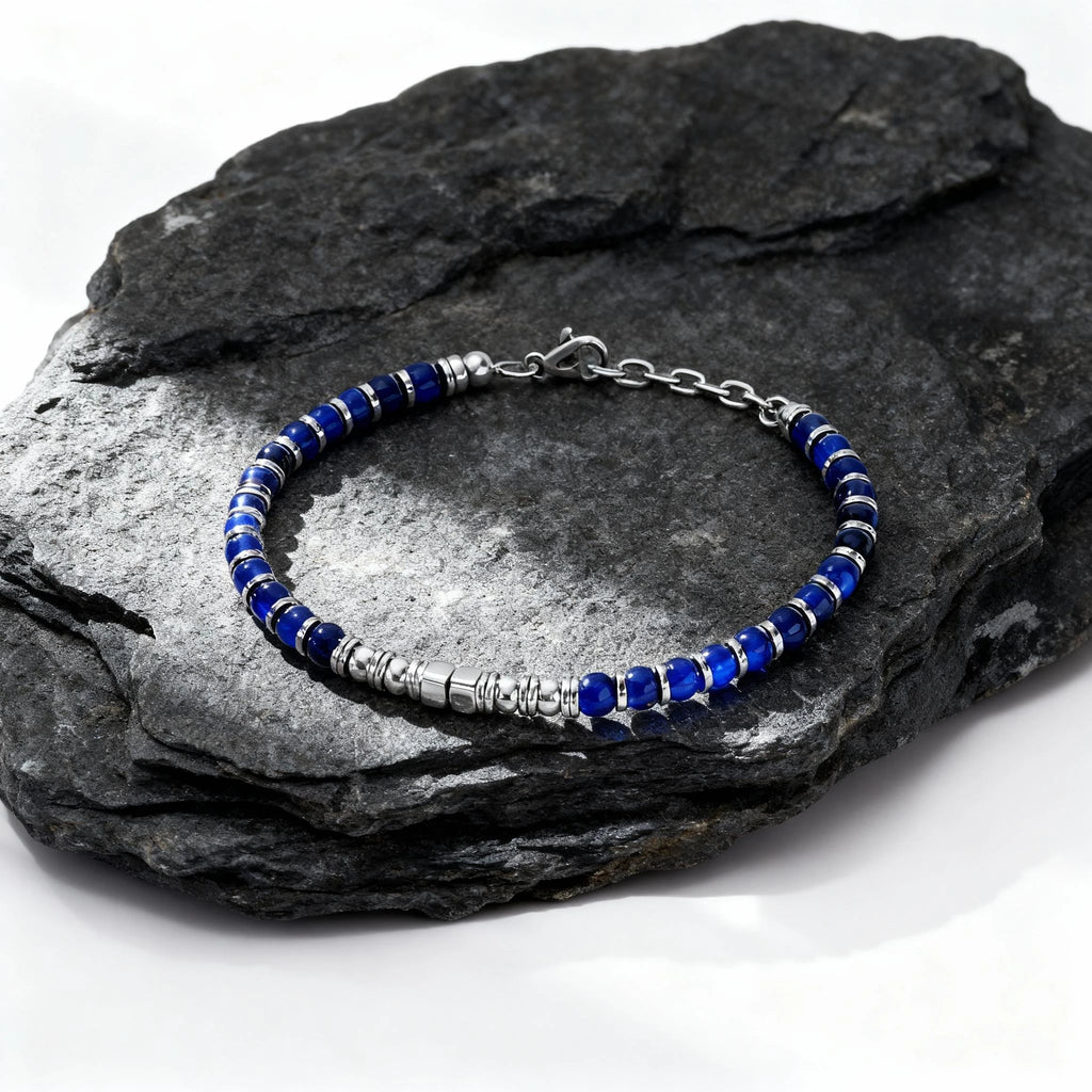 FBA Men's Blue Natural Stone Stainless Steel Bracelet | Handmade Jewelry
