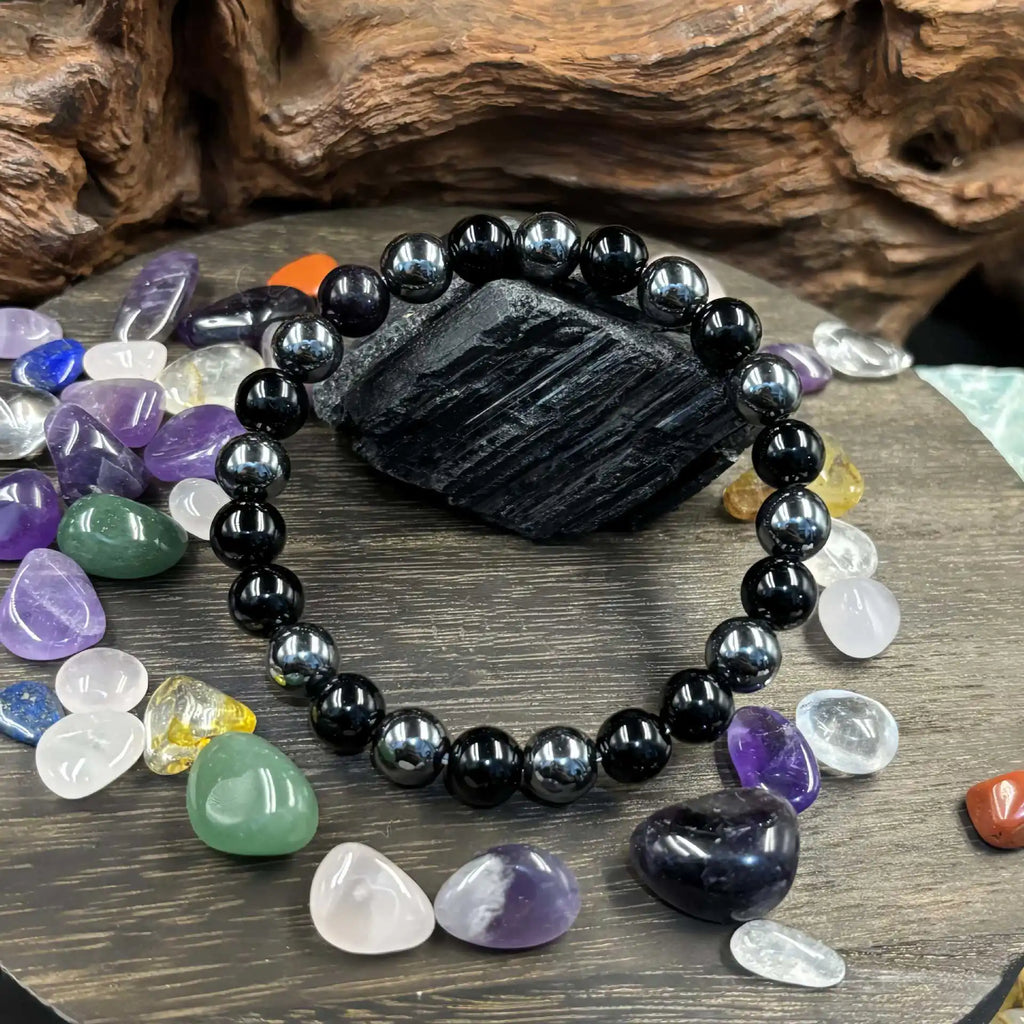 FBA Obsidian Hematite Beaded Memory Bracelet | Natural Stone Jewelry Gift
