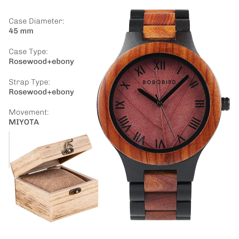 FBA Men's BOBO BIRD Genuine Leaf Wood Watch | Handmade Luxury Wooden Wristwatch